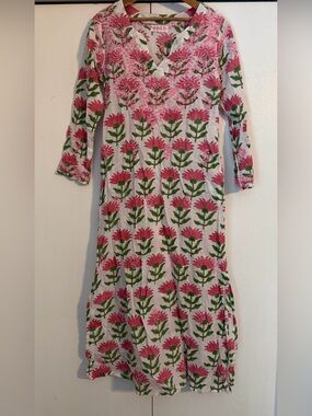 Mary Marshmallow cotton long maxi feminine dress pink floral embroidered sz S
